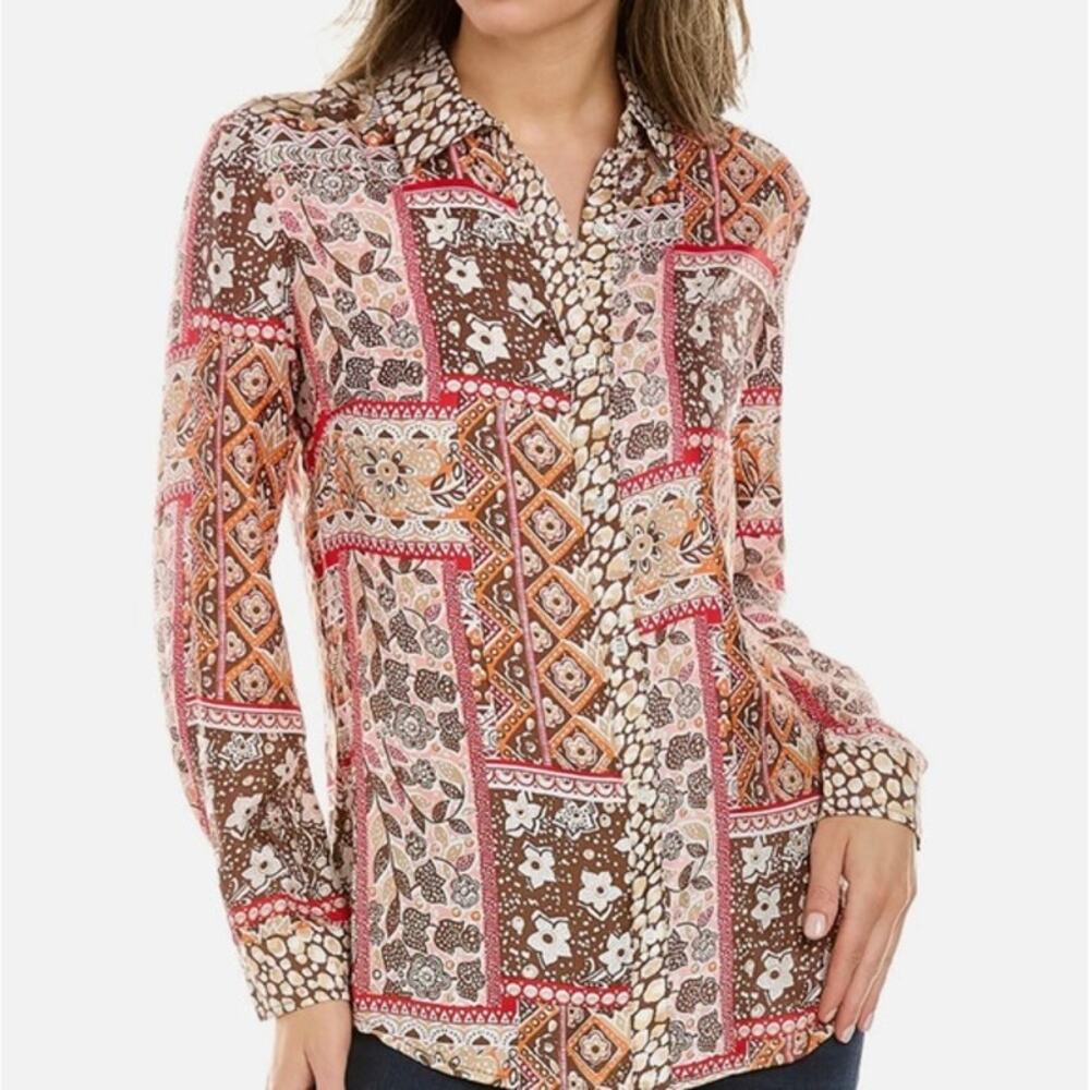 J. Mclaughlin Darcey Silk Blend Brown Patchwork Button Front shirt XL